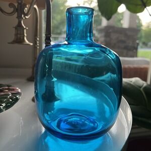 Vintage 1960's Blenko Glass Turquoise Blue Bud Vase Candle Holder 6424 5 1/2 in